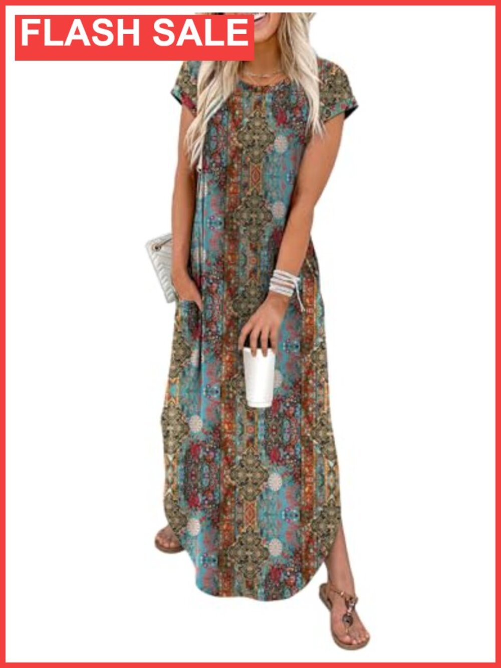 Summer Maxi Dress Cap Sleeve Crew Neck Casual Beach Vacation